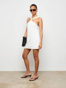 AiiRZ Halter Neck Mini Summer Linen Blend Dress Modern Minimalist Short A-Line Party Wedding Guest Race Day Resort Event Casual Sleeveless Women,Summer Dresses For Women,White Dresses For Women - White - View 4