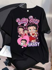 Betty Boop x SHEIN Plus Size Cartoon Figure And Letter Graphic Crew Neck Short Sleeve T-Shirt Black Tee Funny Graphic Tees Women Funny T Shirts Women Funny Graphic T Shirts For Women Funny T Shirts Women Summer Outfits For Women/ Summer / Summer Clothes / European Summer Casual Shirts Y2k Clothes