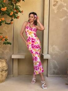 Firerie 新款优雅露背印花连衣裙，适合海滩度假装女士波西米亚风女装系带花卉度假装