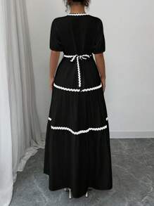 Elenzga Vestido estilo línea A con parches de cinta elegante para el verano - Negro - Ver 2