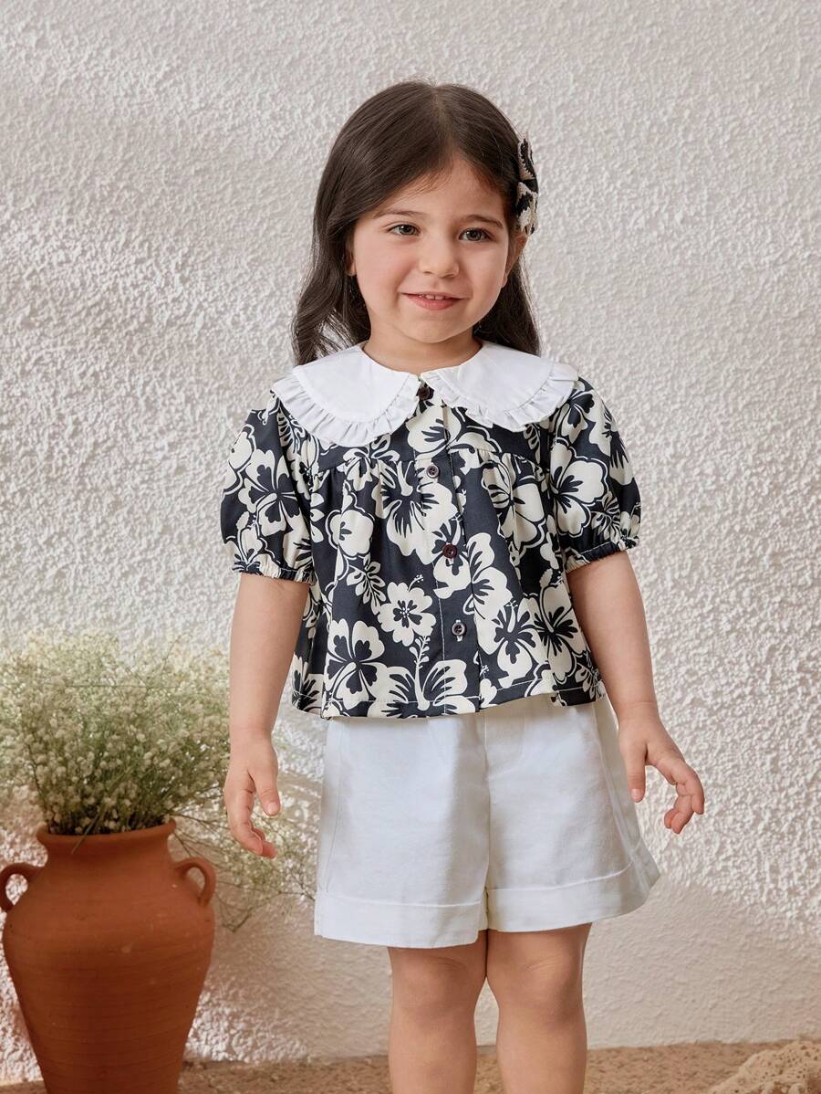Blossori Baby Girls Elegant French Style Black Ditsy Ditsy Floral Loose Blouse, Spring/Summer - Black and White - View 1