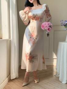 DAZY 女士花卉印花方领长袖连衣裙，适合夏季 - 米色 - 查看 7