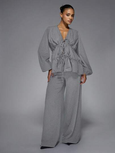 MISSGUIDED Elegant Pinstripe Coord Set Wide Leg Pants Suit Tie Front Long Sleeve Top Professional Office Wear Two Piece Outfit Fall Winter Business Attire