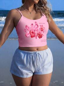 SHEIN EZwear Casual Minimalist Pink Floral Print Tight Fit Plus Size Women Tank Top, Summer - Multicolor - View 1