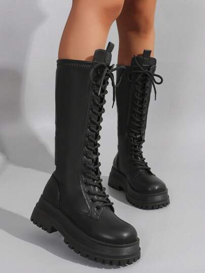 Goth Women's Black Knee-High Boots Fashionable Lace-Up Thick-Soled Chunky Heel Women's Boots For And Spring Shoes Spring Break Easter