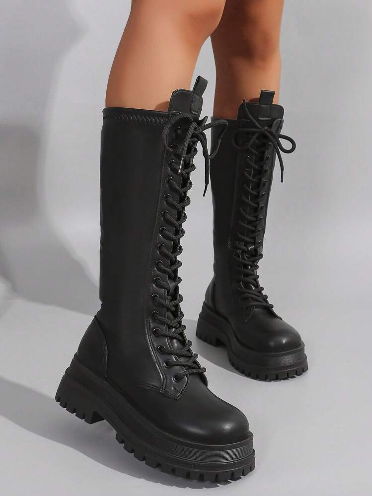 ROMWE Goth Women's Black Knee-High Boots Fashionable Lace-Up Thick-Soled Chunky Heel Women's Boots For And Spring Shoes Spring Break Easter