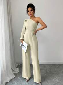 Elenzga Women Solid Color One Shoulder Long Sleeve Elegant Waisted Straight Jumpsuit - Apricot - View 4