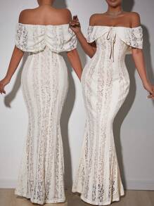 Rafferiza 女式露肩高弹蕾丝性感浪漫优雅婚礼宾客音乐会服装生日毕业海滩女装晚礼服刺绣音乐会服装女式 Aura 风格度假旅行婚礼艺术照片蕾丝 2025 春夏紧身长裙 - 杏色 - 查看 2