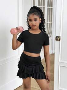 SHEIN Tween Girl Soft Knit Fitted Twisted Back Sports Short Sleeve T-Shirt - Black - View 5