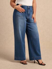 Elaquor Plus Size Casual Washed High Waist Loose Fit Jeans - Medium Wash - View 5