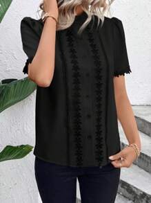 SHEIN Clasi 女式杏色花卉镶边领短袖衬衫 - 黑色 - 查看 3