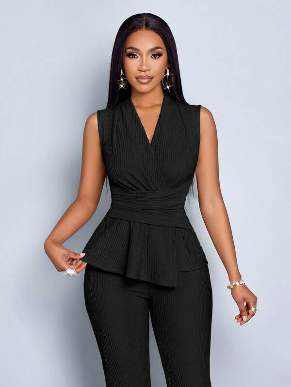 SOLERSUN Damen Apricot eleganter V-Ausschnitt Langarm T-Shirt weite Hose Zweiteiler asymmetrischer Saum Zweiteiler Alltag Lässig Damen Frühling und Sommer ärmellos kurzärmelig