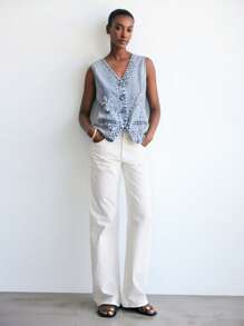 Maija Women's Summer Washed Floral Pattern Front Button Blue Denim Vest, Going Out, Vintage, Fall Women Clothes - Light Wash - View 2