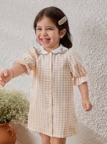 Blossori Baby Girls Ruffle Collar Rabbit Embroidered Front Placket A-Line Dress - Khaki - View 4