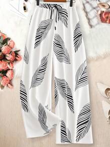 EMERY ROSE Pantalón casual con estampado floral para vacaciones de talla grande - Blanco - Ver 3