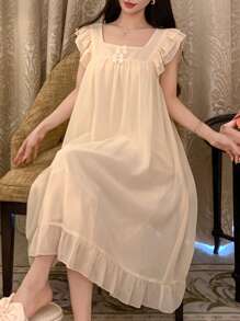 DAZY 女士甜美蝴蝶结荷叶边方领轻盈睡袍，夏季睡衣