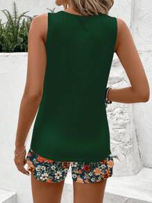 EMERY ROSE 2pcs/Set Plus Size Casual Floral Print Sets, Suitable For Summer, Spring/Summer,Holiday Outfits Boho - Dark Green - View 2