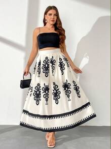 Firerie 大码女式花卉印花高腰半身裙，褶皱 A 字形，松紧腰带，有口袋，适合秋季和返校季