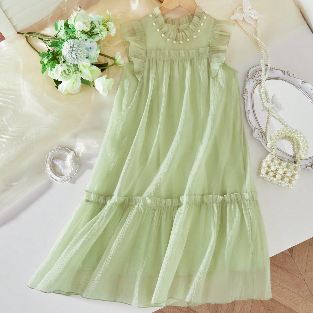 Vestido de tutú de princesa para niñas en verano con cuello redondo, sin mangas, decoración de perlas y tela de malla