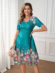 SHEIN Clasi Váy cổ chữ V in hoa Váy trắng - Màu xanh lá cây đậm - Xem 5
