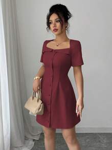 Elenzga Đầm mini cổ bẻ cài nút chữ A tay ngắn thanh lịch dành cho nữ đi làm, mùa xuân/hè - Màu Tím - Xem 5