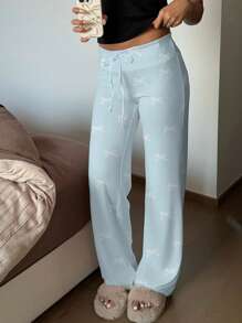 CovetEZ Low Waist Drawstring Yoga Wide Leg Pants For Home - Baby Blue - View 1