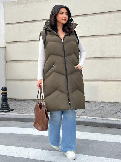 EURMUSE Women's Casual Sleeveless Curve Hooded Vest, Dailywear, Zipper, Pocket