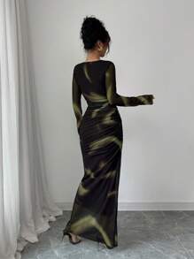 Selianne Women's Elegant Elastic Ombre Printed Mesh Ruched Bodycon Maxi Dress Fall Cloth For Women - Olive Green - View 2