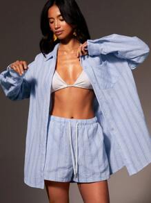Athîral 女士条纹长袖纽扣衬衫和短裤两件套休闲套装 - 藍白色 - 查看 5