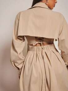 Vixey Long Sleeve Cinched Waist Lace Up Back Shirt , Business Casual For Women, Spring For Women, Summer For Women, Old Money For Women, Brunch For Women - Khaki - View 5