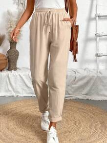 SHEIN PETITE Women's Linen-Feel Casual Pants With Waist Tie And Pockets, Spring/Summer Fall Cloth For Women - Apricot - View 3