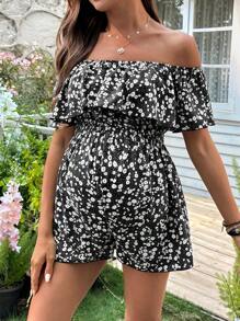 SHEIN Gekräuselter Rüschen Blümchen Umstandsmode-Jumpsuit