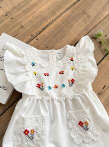 SHEIN Vintaside Kids 婴儿/女宝宝优雅花朵连体衣，可爱时尚乡村度假风格百搭必备 - 白色 - 查看 8