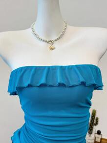 Elamini Sexy Bodycon Ruffle Trim Crop Top For Women - Blue - View 4