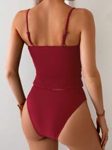 SHEIN Swim Spring Break New Elegant Solid Black Ruffled Strap 2Pcs Bikini Swimsuit Set For Women For Summer Beach Vacation - Burgundy - View 2