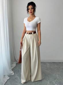 Elenzga 新款休闲高腰纯色杏色九分裤，优雅款式适合日常穿着和工作，复古时尚适合毕业典礼、音乐节、德比、独立日 - 杏色 - 查看 6