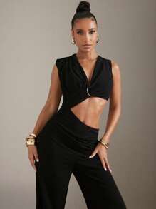 Hauture Plunge Neck Cut Out Open Back Wide Leg Jumpsuit, Business Casual Outfits Women - Black - View 1