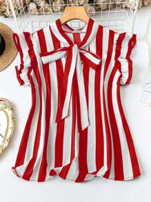 SHEIN LUNE Plus Size Casual/Office Black & White Striped Cap Sleeve Belted Shirt