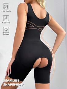 Women Plain Color Camisole Bodysuit With Open-Crotch Shaping Shorts