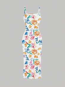 INAWLY 女士花卉印花紧身优雅吊带裙，度假风格 - 彩色 - 查看 2