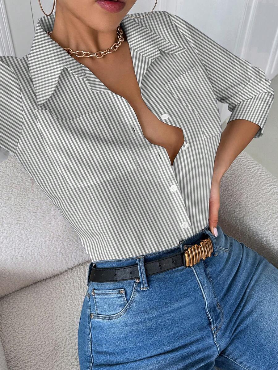 INAWLY 女士大码修身白衬衫，有领子和口袋，休闲