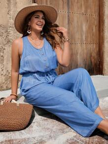 SHEIN VCAY Plus Size Women's Denim Effect Wide Leg Loose Jumpsuit,Sleeveless Cinched Waist Pockets Light Blue Summer Boho Vacation Holiday Western Style Outfits - Blue - View 4