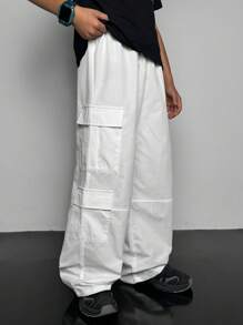 Tween Boy Wide Pocket Design Loose Utility Style Casual Cargo Pants, Suitable For Commuting, School, Daily, Travel, Suitable For Sports, Spring, Summer, Autumn, Winter