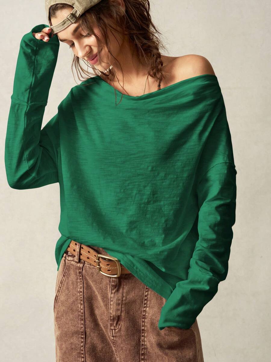 Bohemela Áo thun dài tay cổ thuyền dệt kim màu trơn đơn giản cho nữ - màu xanh lá - Xem 1
