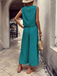 EMERY ROSE 2pcs Women Vacation Casual Solid Color Camisole And Pants Set - Blue - View 2