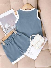 女婴可爱 3D 花卉装饰无袖圆领背心 + 休闲蝴蝶结短裤 2 件套，夏季 - 藍色 - 查看 2
