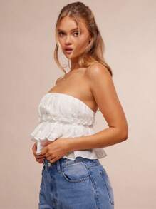 WESTFADE Top corto con volantes y escote halter bordado con moño, tejido, smocked y espalda descubierta, ideal para primavera y vacaciones - Blanco - Ver 5