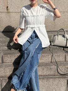 FRIFUL Camicia estiva da donna con bustier imbottito, a maniche corte, con scollo tondo e design patchwork, stile loose