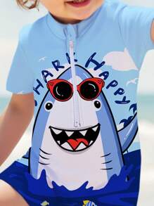 SHEIN Baby Boy Blue Shark Cartoon Pattern Casual Minimalist Round Neck Short Sleeve Swimsuit, Suitable For Summer