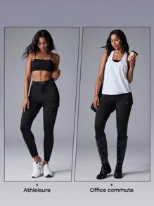 Menodora SHEIN Sport Celana Legging Rajut Musim Panas Warna Polos Kasual Anti-UV Movishi untuk Wanita - Hitam - View 6